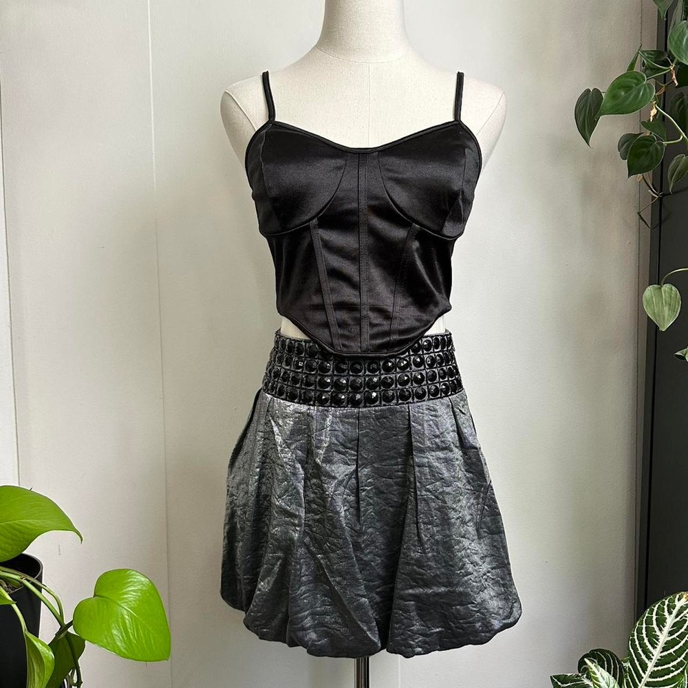 Vintage Forever 21 Gray Shiny Balloon Mini Skirt Beaded Waist Y2K Small